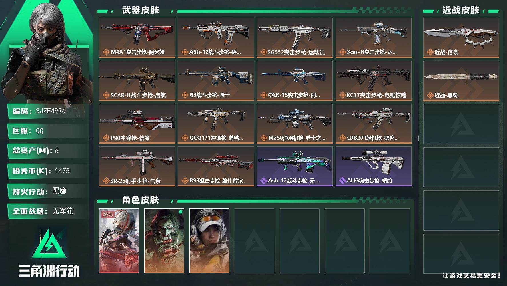 三角洲行动账号QQ【SJZF4926】总资产(M)：6M/哈夫币(K)：1475K/哈夫币(K)：1475K/传说枪皮