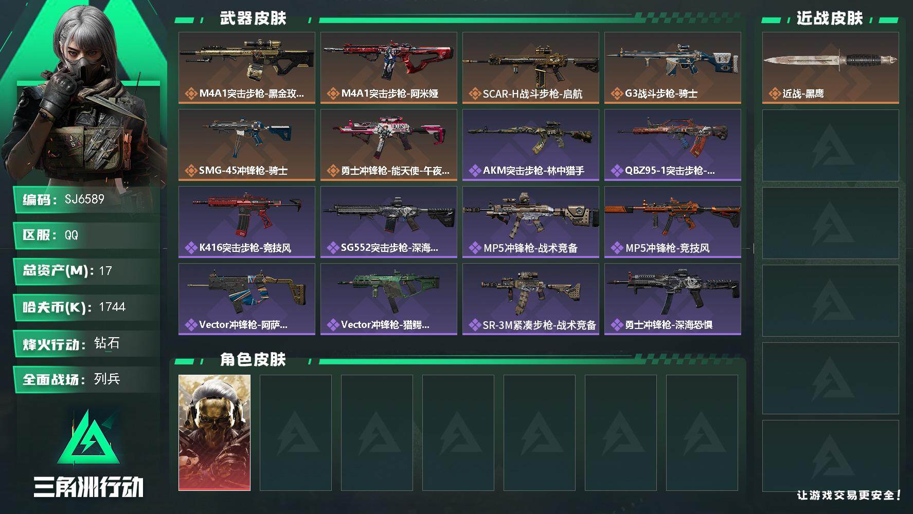 三角洲行动账号QQ【SJ6589】总资产(M)：17M/哈夫币(K)：1744K/哈夫币(K)：1744K/传说枪皮数