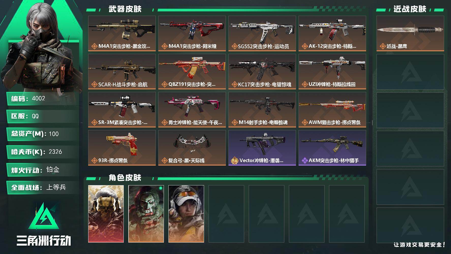 三角洲行动账号QQ总资产(M)：100M/哈夫币(K)：2326K/哈夫币(K)：2326K/传说枪皮数：14/全面战