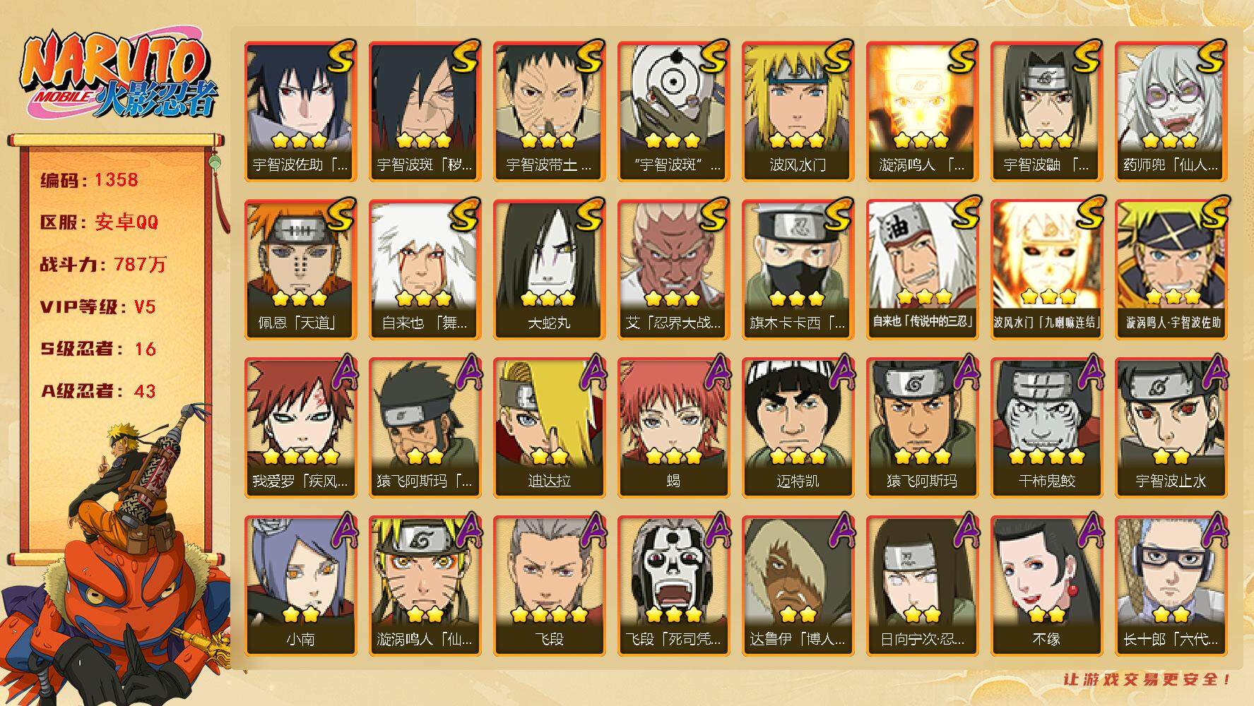 火影忍者账号安卓QQ（可免费转苹果）v5,787w战力，16S级忍者数-43A级忍者数，100高招券。ME2000
【S级忍者】：宇智波斑「秽土转生·解」(3星)，宇智波带土「忍界大战」(3星)，艾「忍界大战」(3星)