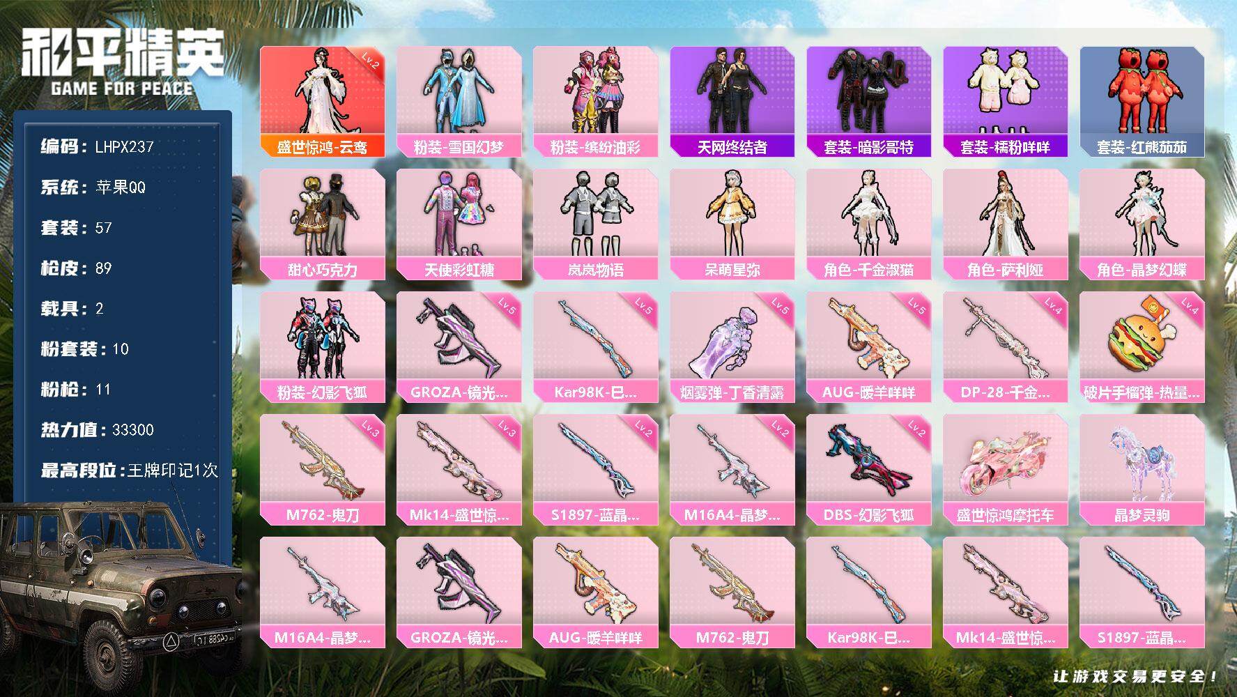 和平精英账号苹果QQ2载具-57套装-89枪皮-【特价出售/店主推荐】 苹果 手Q-1神装-10粉装-11特效枪-2载具