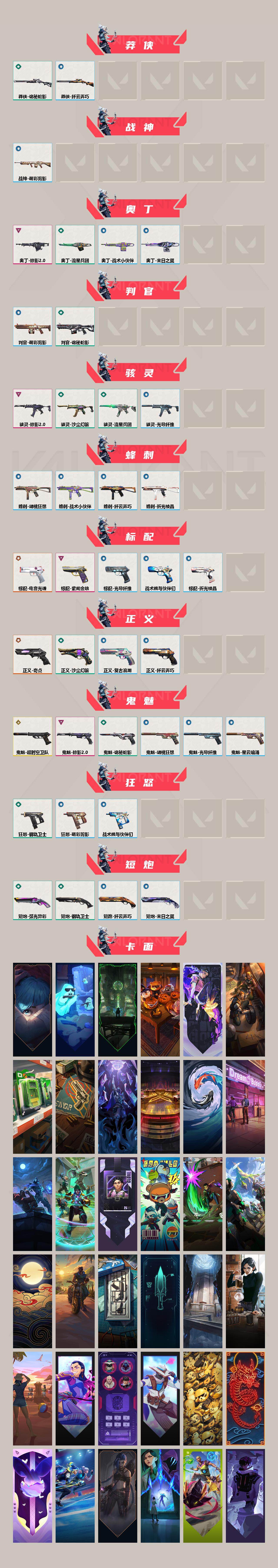 【套装】：2025全球冠军赛套装，2022全球冠军赛套装，2021全球冠军赛套装，电音光谱套装，掠影//2.0套装
【英雄】：幻棱，炼狱，维斯，暮蝶，钛狐，壹决，铁臂，捷风，雷兹，幽影，不死鸟，贤者