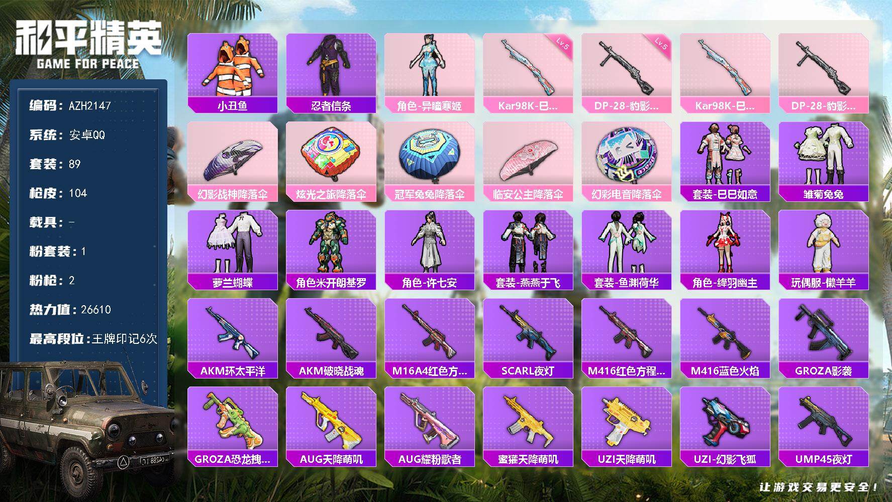 和平精英账号安卓QQ0载具-89套装-104枪皮-安卓 手Q【6印记 1粉角色-异瞳寒姬 小丑鱼懒羊羊】1粉装-2特效枪