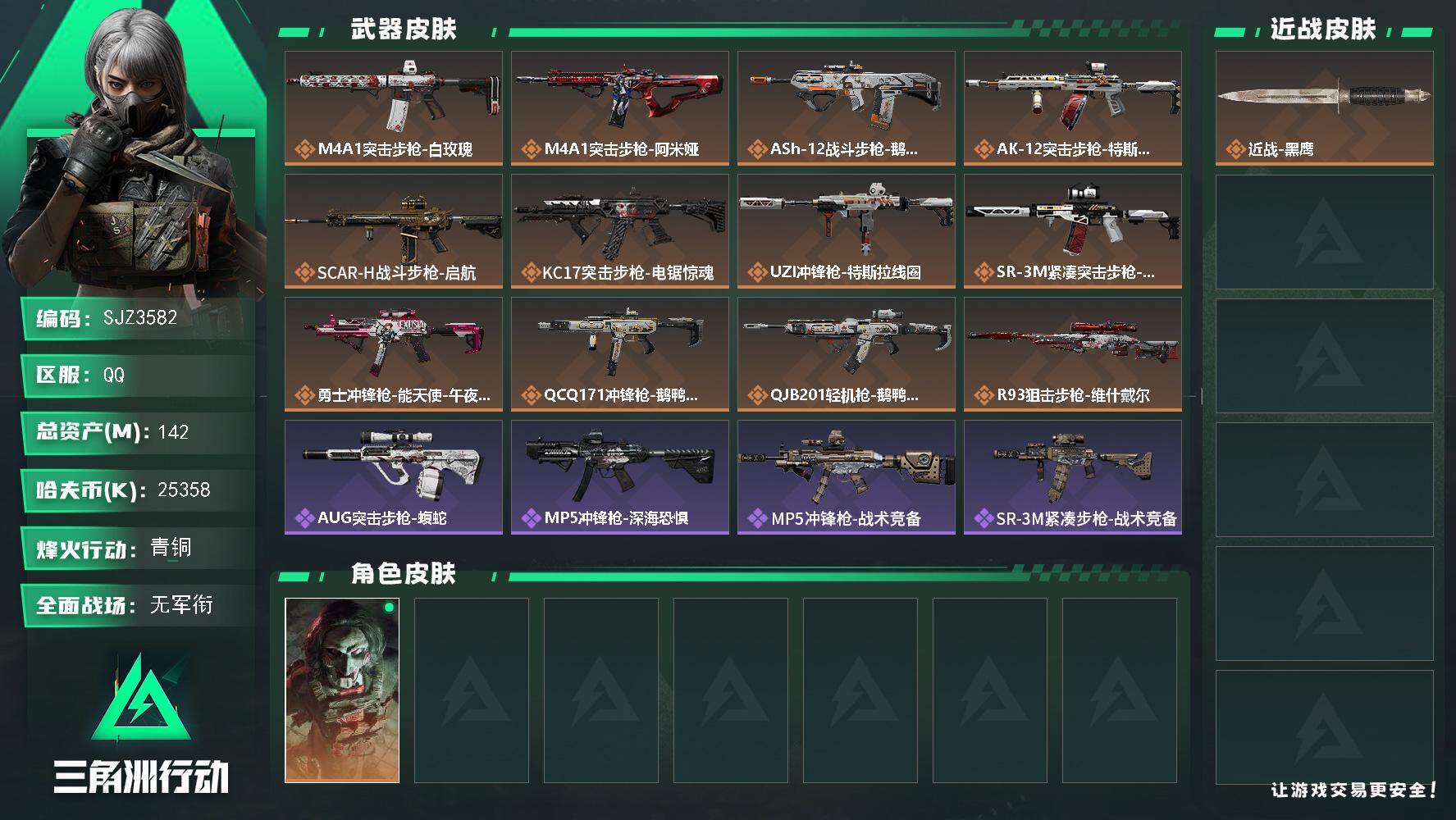 三角洲行动账号QQ【SJZ3582】总资产(M)：142M/哈夫币(K)：25358K/哈夫币(K)：25358K/传