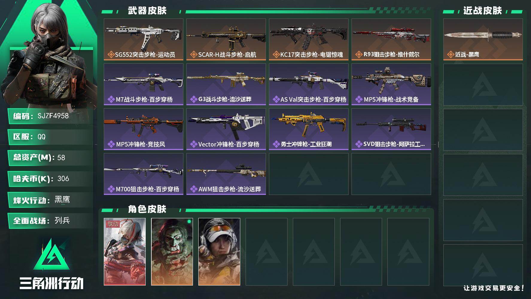 三角洲行动账号QQ【SJZF4958】总资产(M)：58M/哈夫币(K)：306K/哈夫币(K)：306K/传说枪皮数：4/全面战场等级：7_段位：列兵/烽火地带等级：60_段位：黑鹰/骇爪-维什戴尔/红狼-电锯惊魂
