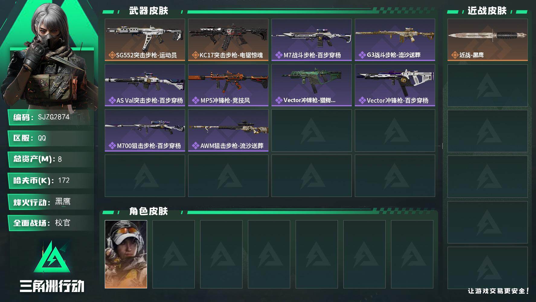 三角洲行动账号QQ【SJZG2874】总资产(M)：8M/哈夫币(K)：172K/哈夫币(K)：172K/传说枪皮数：2/全面战场等级：49_段位：校官/烽火地带等级：60_段位：黑鹰/露娜-金牌射手/近战-黑鹰/S