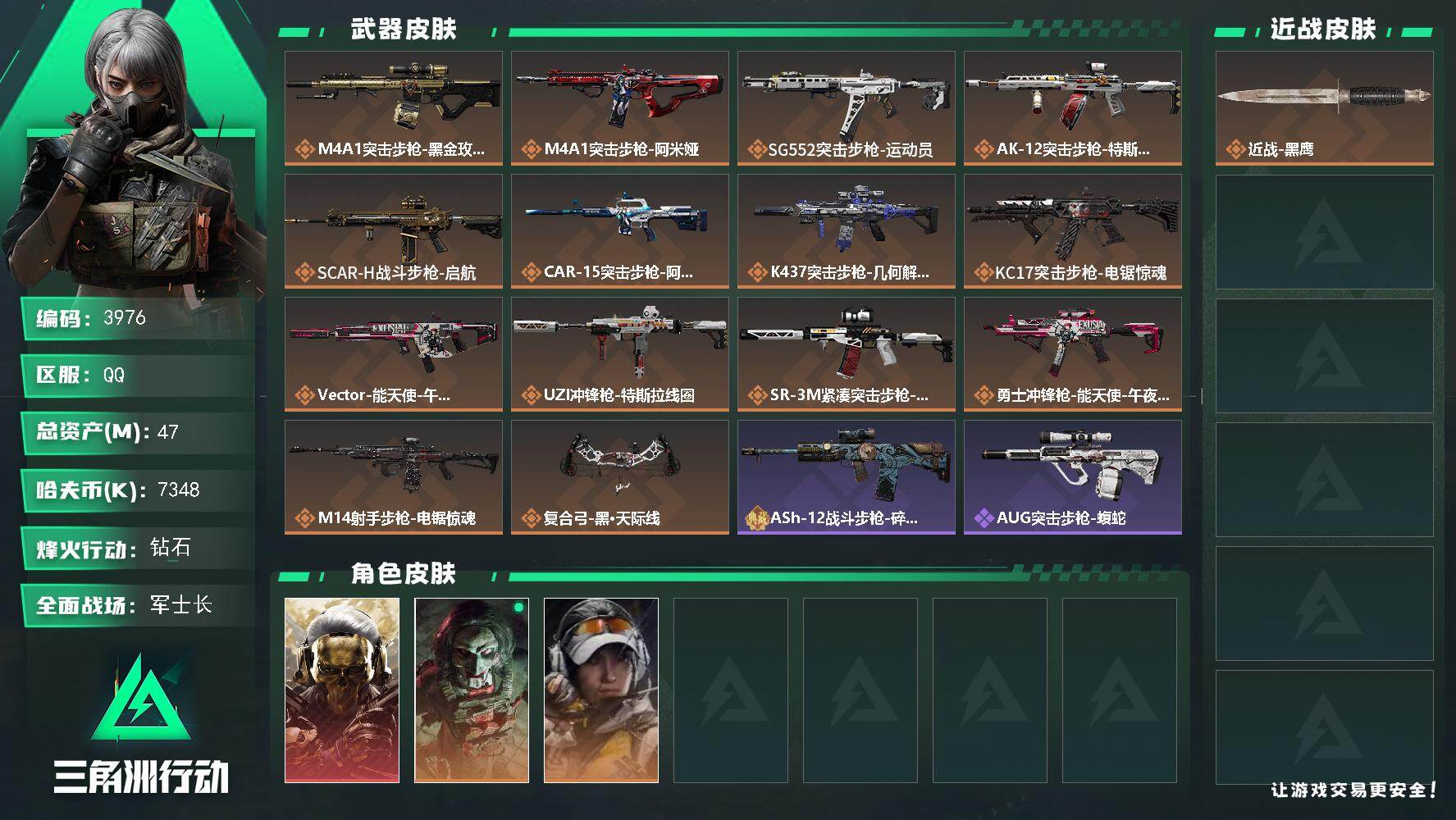 三角洲行动账号QQ总资产(M)：47M/哈夫币(K)：7348K/哈夫币(K)：7348K/传说枪皮数：14/全面战场