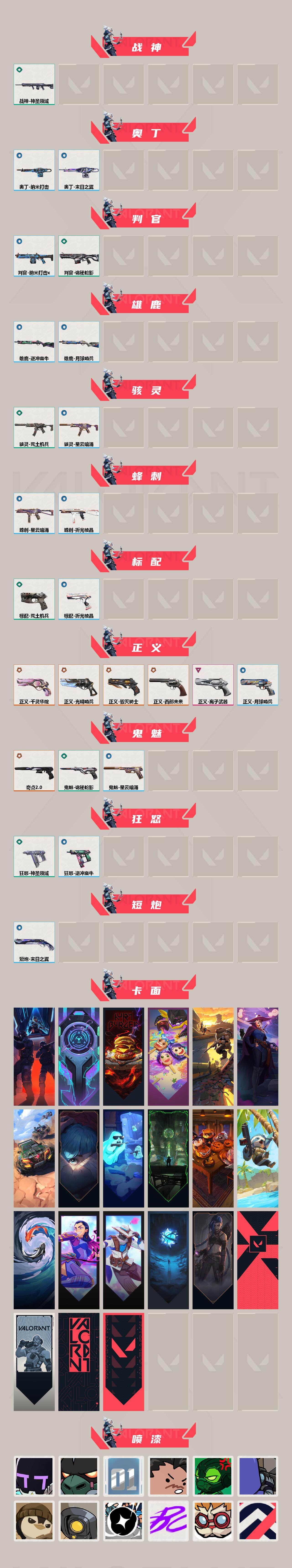 【套装】：2025全球冠军赛套装，VCT 2025 赛季套装，《双城之战》收藏套装
【英雄】：幻棱，炼狱，维斯，暮蝶，钛狐，壹决，铁臂，捷风，雷兹，幽影，不死鸟，贤者，猎枭，蝰蛇，零，芮娜，奇乐，尚