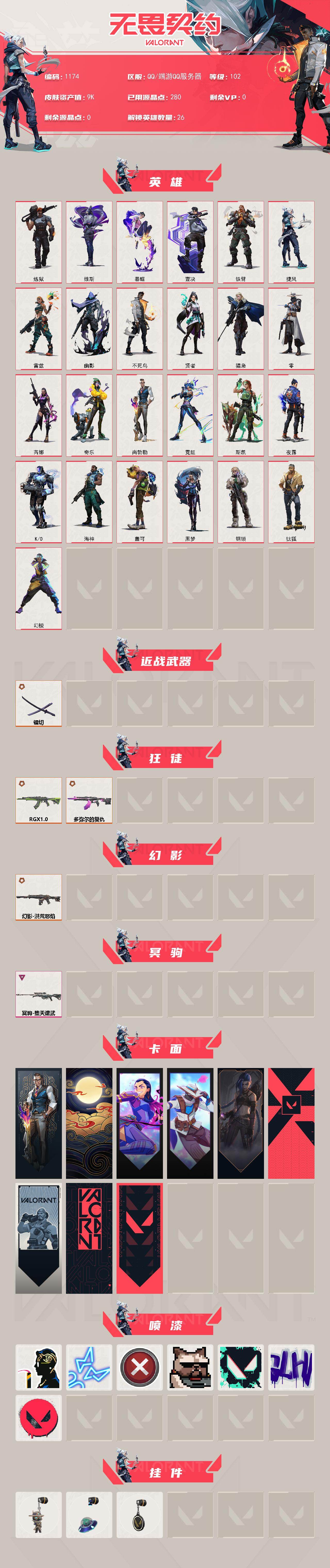 【英雄】:幻棱,炼狱,维斯,暮蝶,钛狐,壹决,铁臂,捷风,雷兹,幽影,不死鸟,贤者,猎枭,零,芮娜,奇乐,尚勃勒,霓虹,斯凯,夜露,K/O,海神,盖可,黑梦,钢锁
【近战武器】:近战武器-镭切
【狂