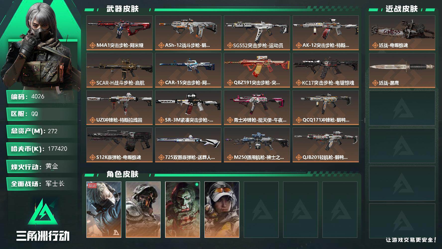 三角洲行动账号QQ总资产(M)：272M/哈夫币(K)：K/哈夫币(K)：K/传说枪皮数：20/全面战场等级：33_段