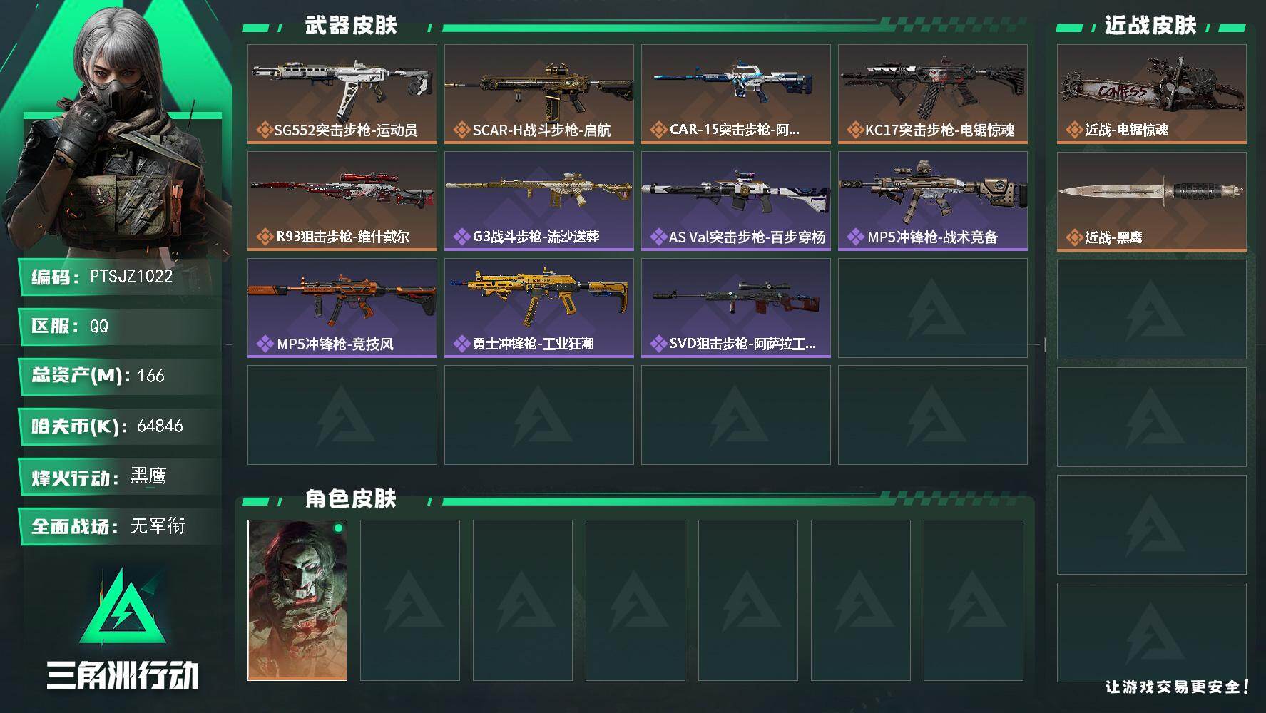 三角洲行动账号QQ【PTSJZ1022】【自带包赔 找回全额赔】单刀号 7仓5体6耐
64846k哈伏币-166m流动