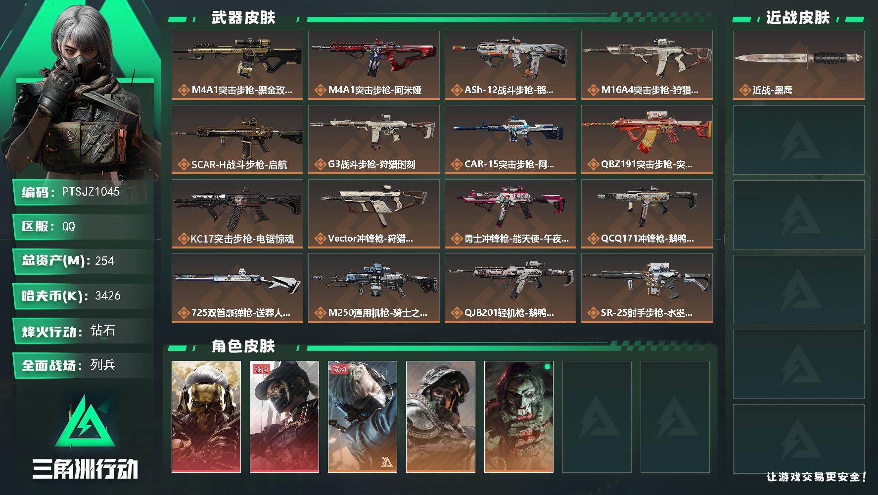 三角洲行动账号QQ【PTSJZ1045】【自带包赔 找回全额赔】双红皮   8仓6体5耐
3426k哈伏币-225m流