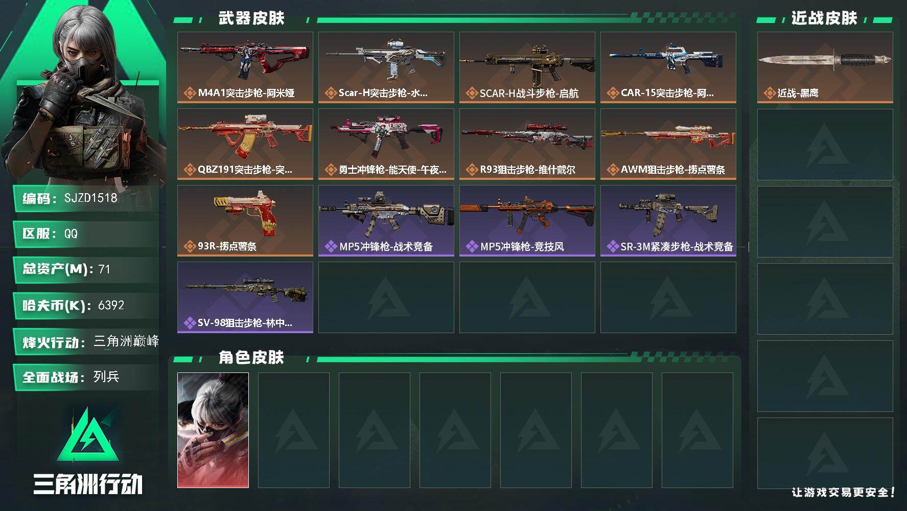 三角洲行动账号QQ【SJZD1518】总资产(M)：71M/哈夫币(K)：6392K/哈夫币(K)：6392K/传说枪皮数：9/全面战场等级：9_段位：列兵/烽火地带等级：60_段位：三角洲巅峰/非洲之心/骇爪-水墨