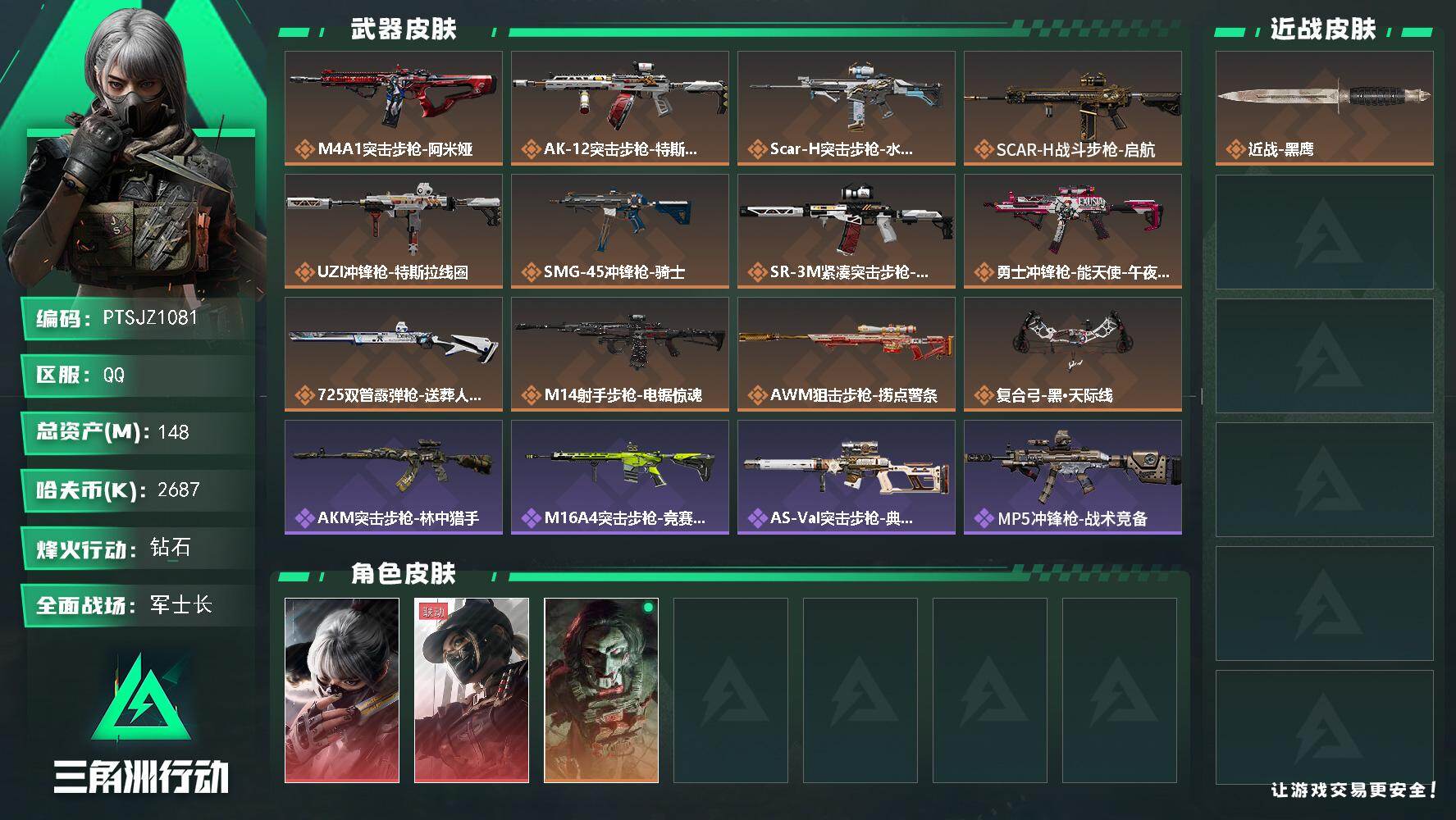 三角洲行动账号QQ【PTSJZ1081】【自带包赔 找回全额赔】双红皮  8仓7体6耐
2687k哈伏币-112m流动