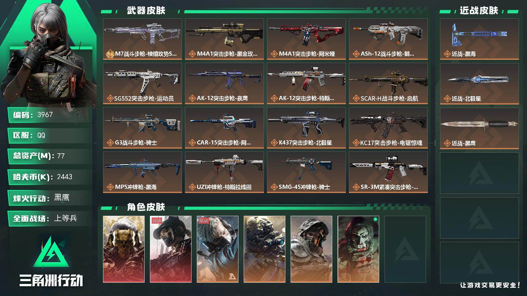 三角洲行动账号QQ总资产(M)：77M/哈夫币(K)：2443K/哈夫币(K)：2443K/传说枪皮数：24/全面战场