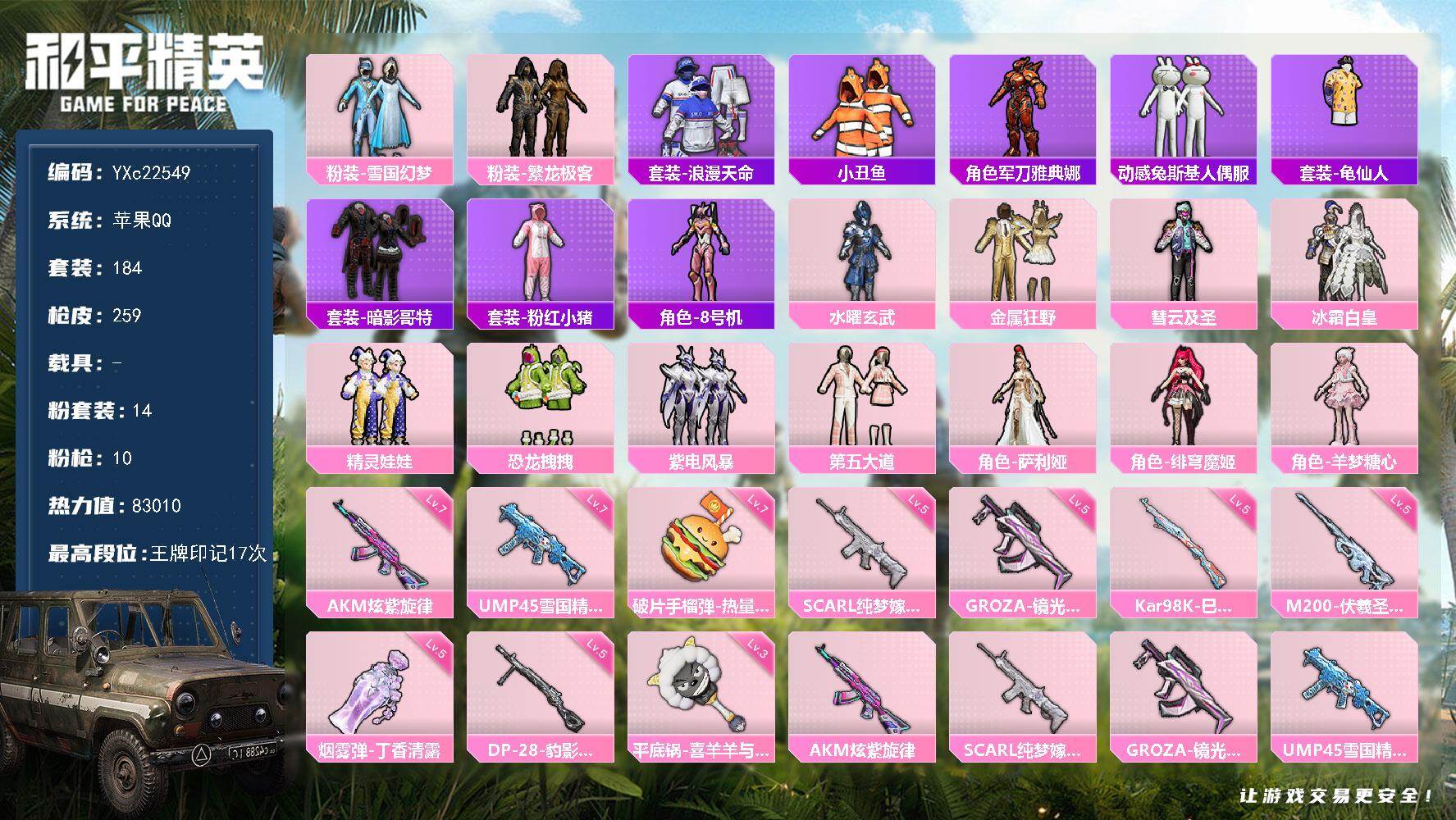 和平精英账号苹果QQ0载具-184套装-259枪皮-【雪国 晶辉 哥特】YXc22549-【可二次】【因赛季更新游戏段付