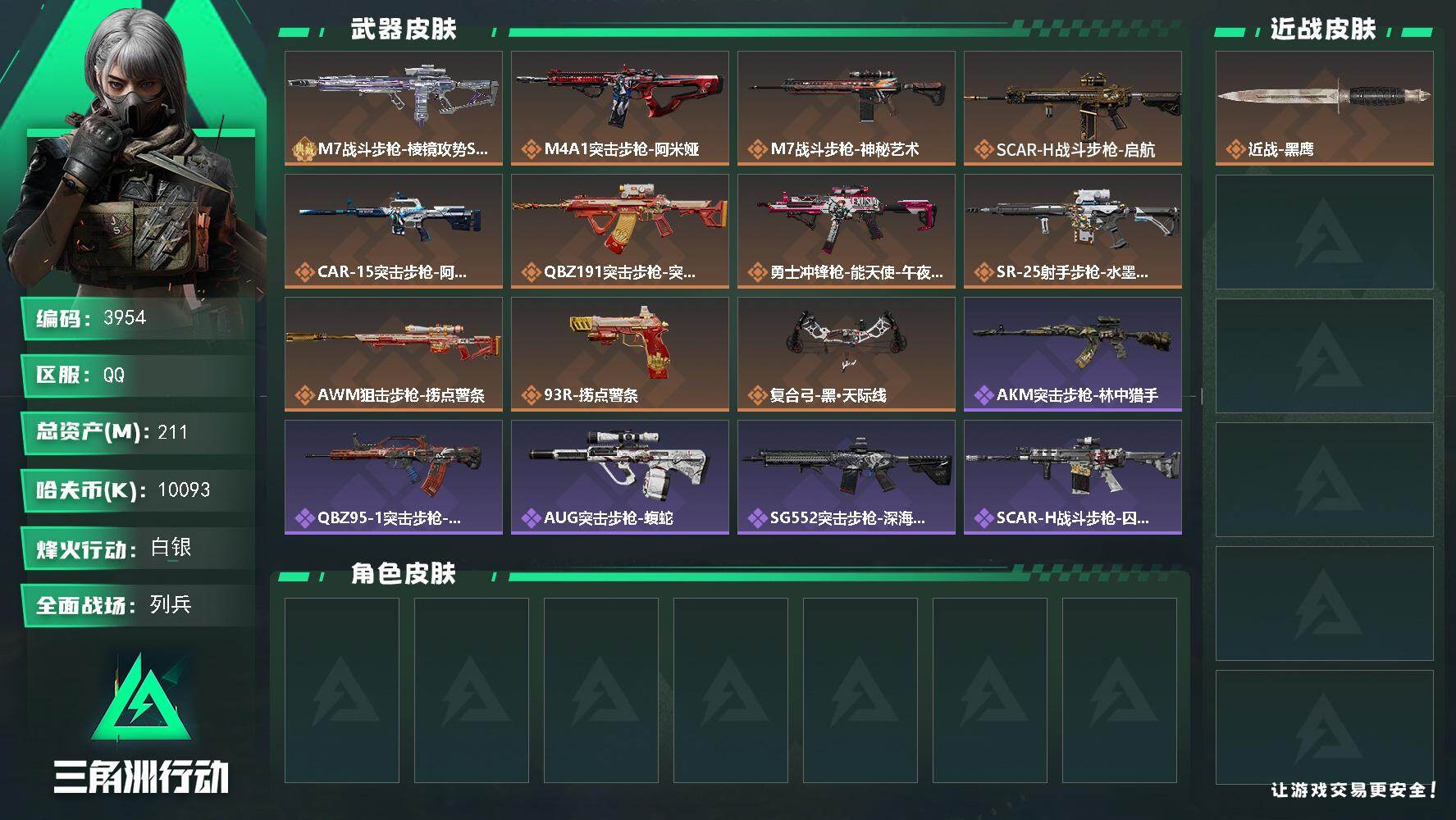 三角洲行动账号QQ总资产(M)：211M/哈夫币(K)：10093K/哈夫币(K)：10093K/传说枪皮数：11/全