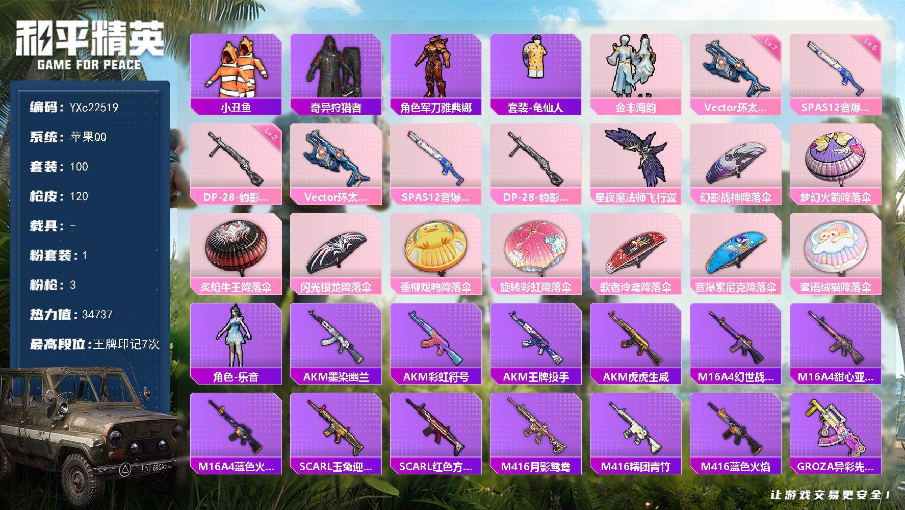 和平精英账号苹果QQ0载具-100套装-120枪皮-【蜘蛛侠 小丑鱼 猫包】YXc22519-【无二次协助处理】【因赛季