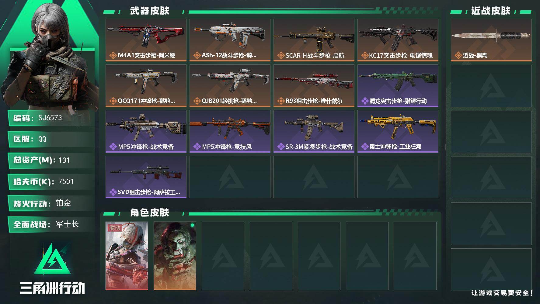 三角洲行动账号QQ【SJ6573】总资产(M)：131M/哈夫币(K)：7501K/哈夫币(K)：7501K/传说枪皮数：7/全面战场等级：39_段位：军士长/烽火地带等级：60_段位：铂金/骇爪-维什戴尔/红狼-电