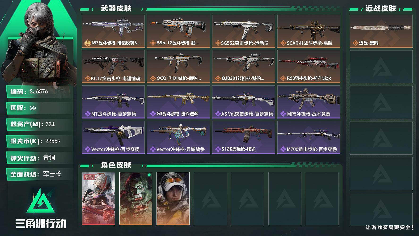 三角洲行动账号QQ【SJ6576】总资产(M)：224M/哈夫币(K)：22559K/哈夫币(K)：22559K/传说枪皮数：8/全面战场等级：23_段位：军士长/烽火地带等级：60_段位：青铜/骇爪-维什戴尔/红狼