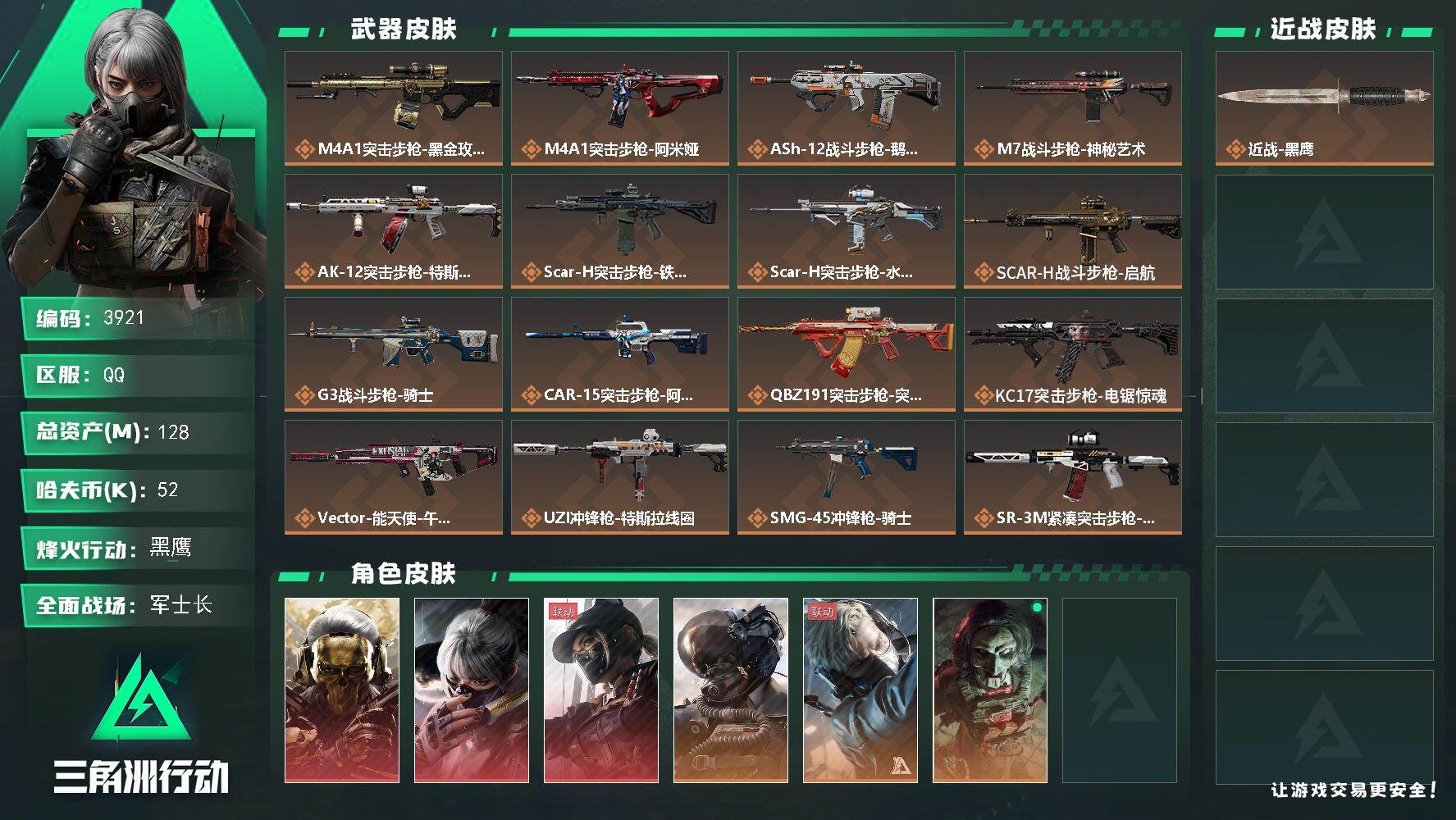 三角洲行动账号QQ总资产(M)：128M/哈夫币(K)：52K/哈夫币(K)：52K/传说枪皮数：24/全面战场等级：