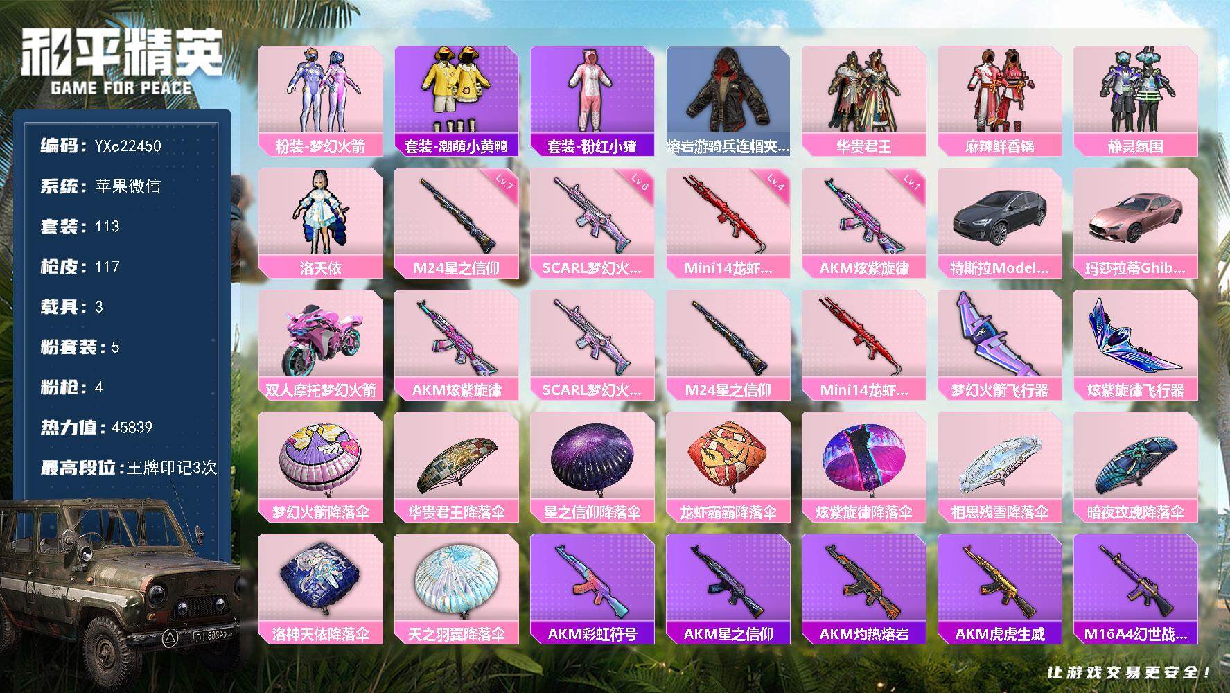 和平精英账号苹果微信3载具-113套装-117枪皮-YXc22450-【无二次协助处理】【因赛季更新游戏段付以上号为准!
