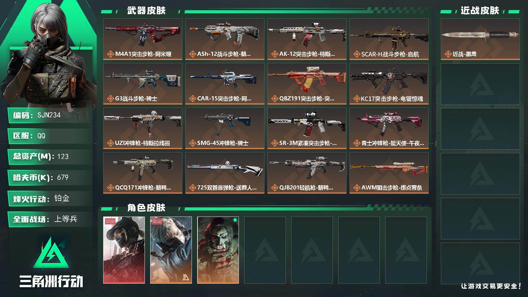 三角洲行动账号QQ【SJN234】总资产(M)：123M/哈夫币(K)：679K/哈夫币(K)：679K/传说枪皮数：18/全面战场等级：12_段位：上等兵/烽火地带等级：60_段位：铂金/露娜-黑·天际线/蜂医-送
