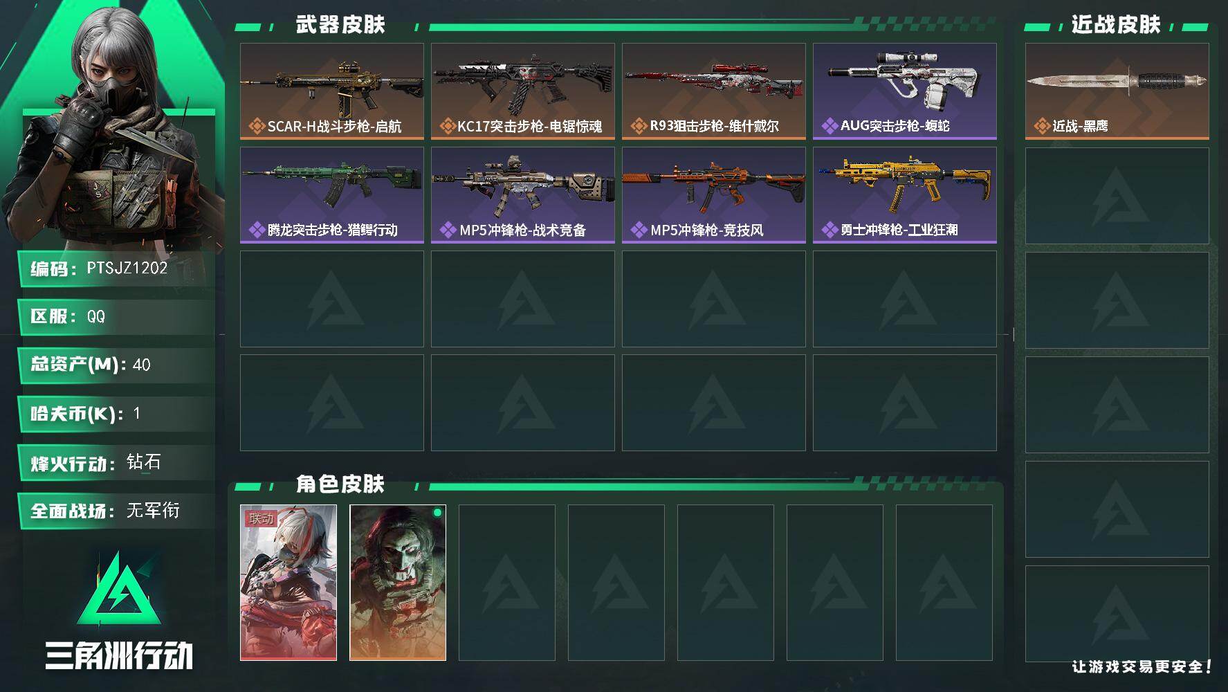 三角洲行动账号QQ【PTSJZ1202】【自带包赔 找回全额赔】单红皮  5仓4体4耐
1k哈伏币-36m流动资产-5