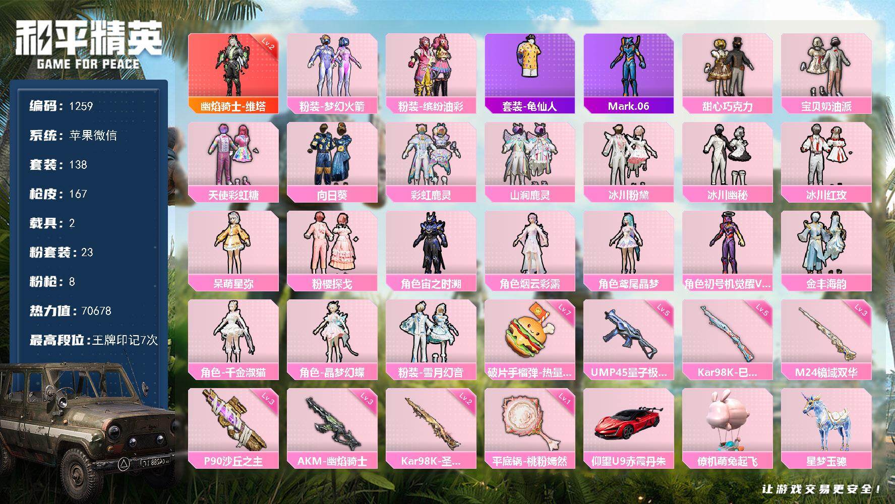 和平精英账号苹果微信【极品妹妹个公主号】苹果 微信-1神装-23粉装-8特效枪-2载具-9粉色飞行器-70678热力值-