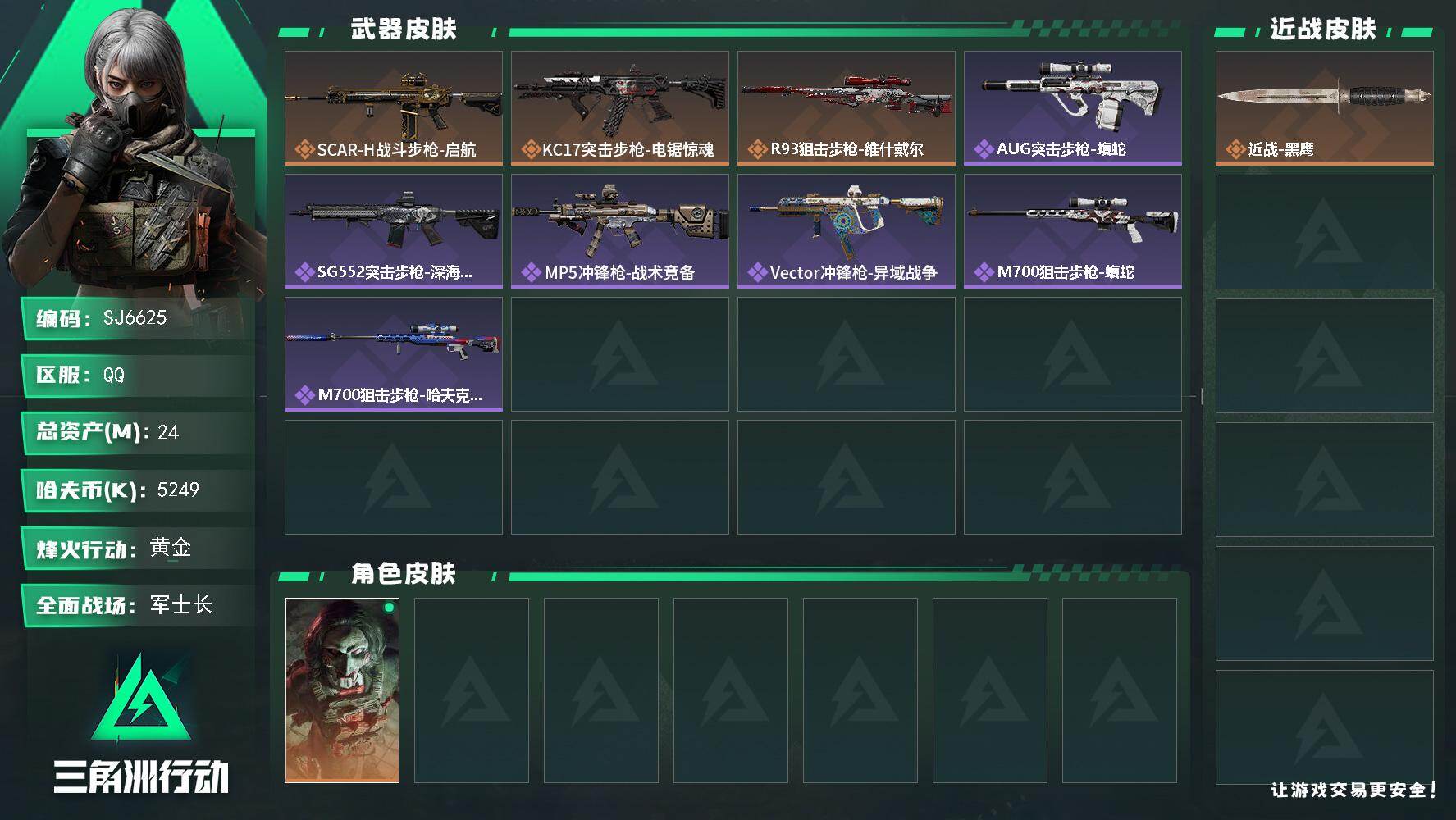 三角洲行动账号QQ【SJ6625】总资产(M)：24M/哈夫币(K)：5249K/哈夫币(K)：5249K/传说枪皮数：3/全面战场等级：25_段位：军士长/烽火地带等级：60_段位：黄金/红狼-电锯惊魂/近战-黑鹰