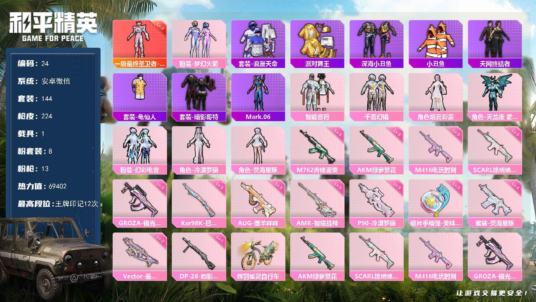 和平精英账号安卓微信安卓 微信-1神装-8粉装-13特效枪-1载具-6粉色飞行器-69402热力值-12王牌印记-144套装-224枪皮
【红色神装等级】：最终圣卫者-帕修斯(二级)
【红色角色神装】：最终圣卫者-帕修