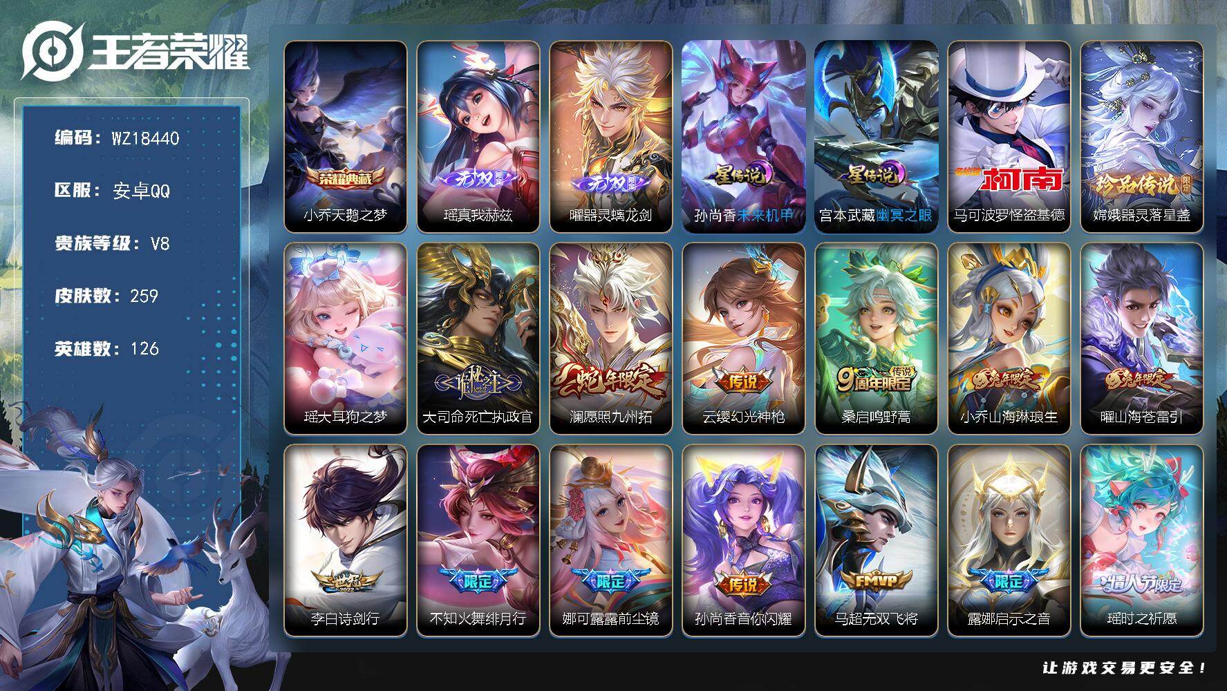 王者荣耀账号安卓QQ【WZ18440】HC31419，螭龙剑/真我赫兹/基德/大耳狗/2星元/有社交，安卓Q-V8-最强王者段位-126英雄-259皮肤-1典藏皮肤-2无双-3珍品传说-21传说-68史诗
【英雄全皮】