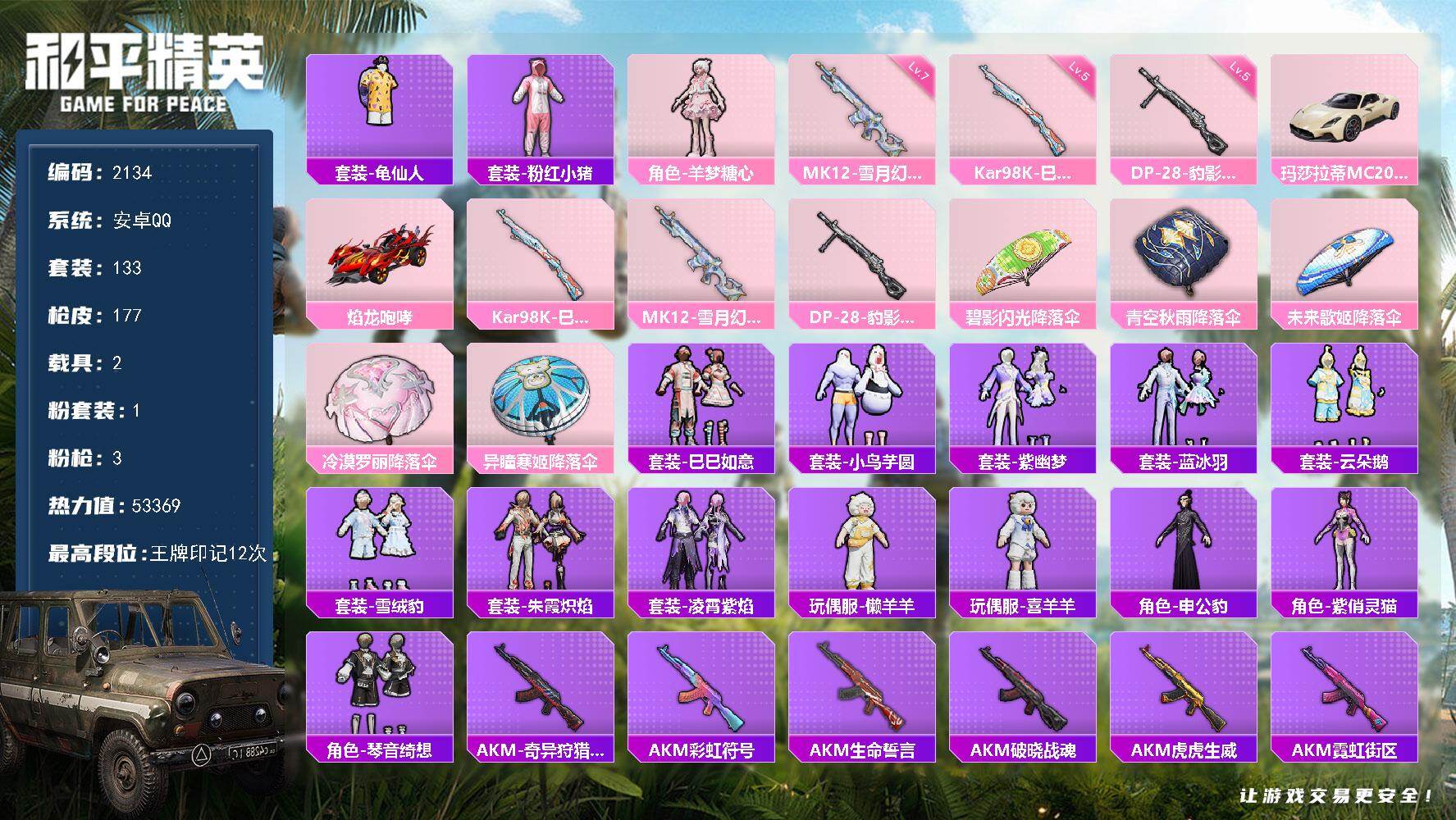 和平精英账号安卓QQ2载具-133套装-177枪皮-133套装/枪械3/装备186/载具2/战备133/王牌印记12/热