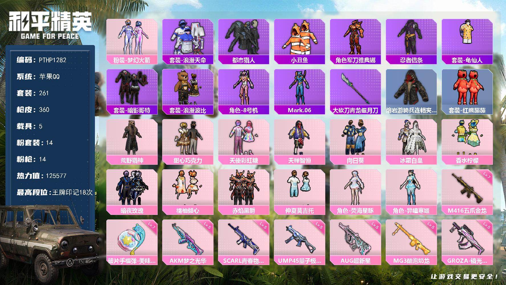 和平精英账号苹果QQ5载具-261套装-360枪皮-【PTHP1282】【自带包赔 找回全额赔】
苹果手Q-14粉装-1