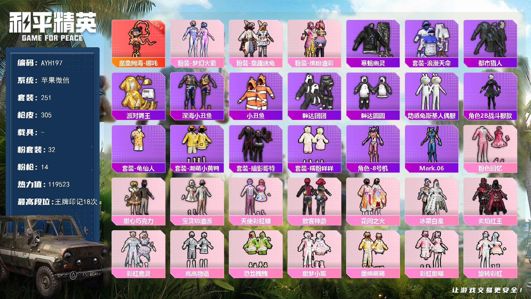 和平精英账号苹果微信0载具-251套装-305枪皮-苹果 微信-1神装-32粉装-14特效枪-0载具-10粉色飞行器-热