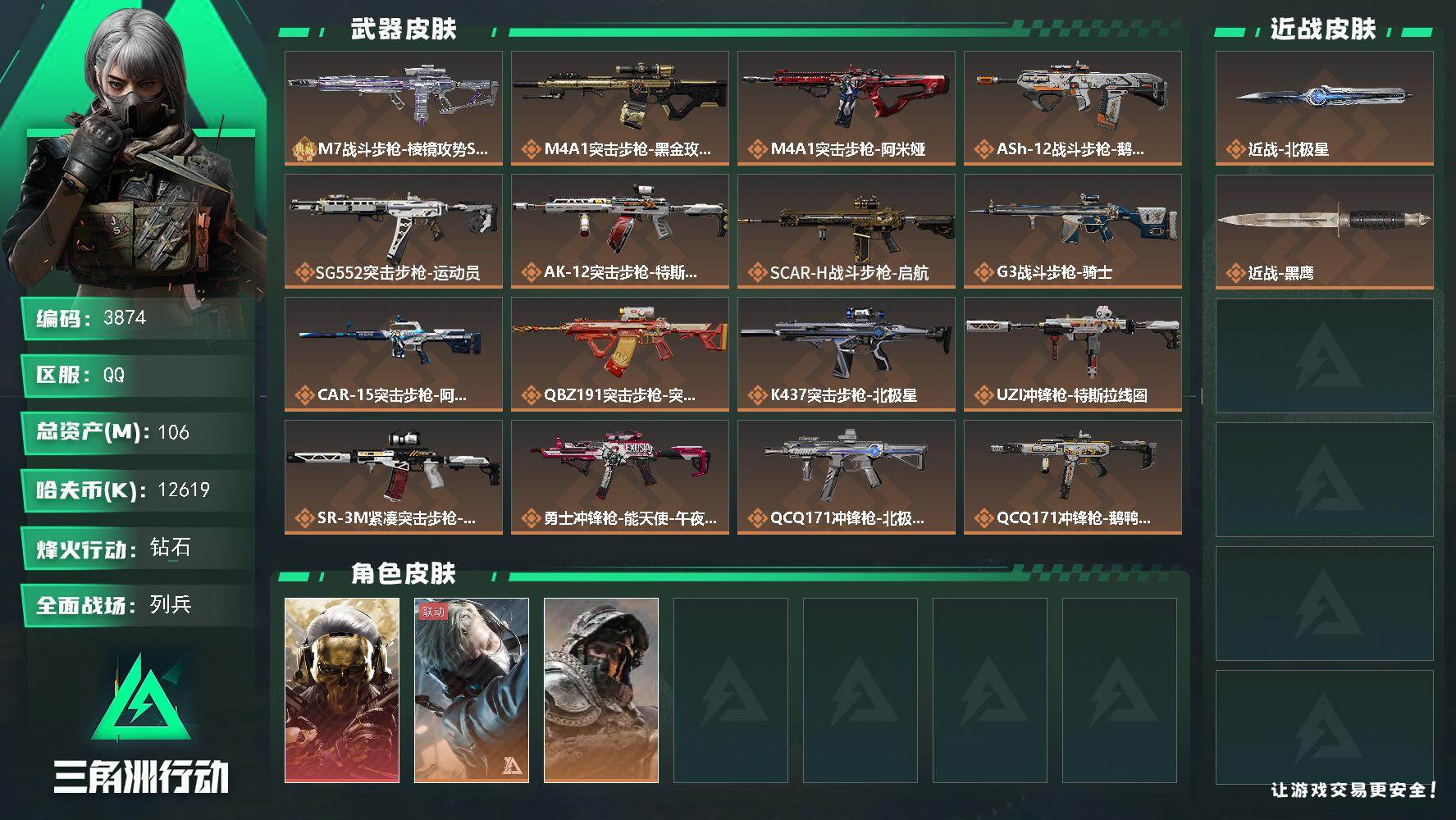 三角洲行动账号QQ总资产(M)：106M/哈夫币(K)：12619K/哈夫币(K)：12619K/传说枪皮数：23/全