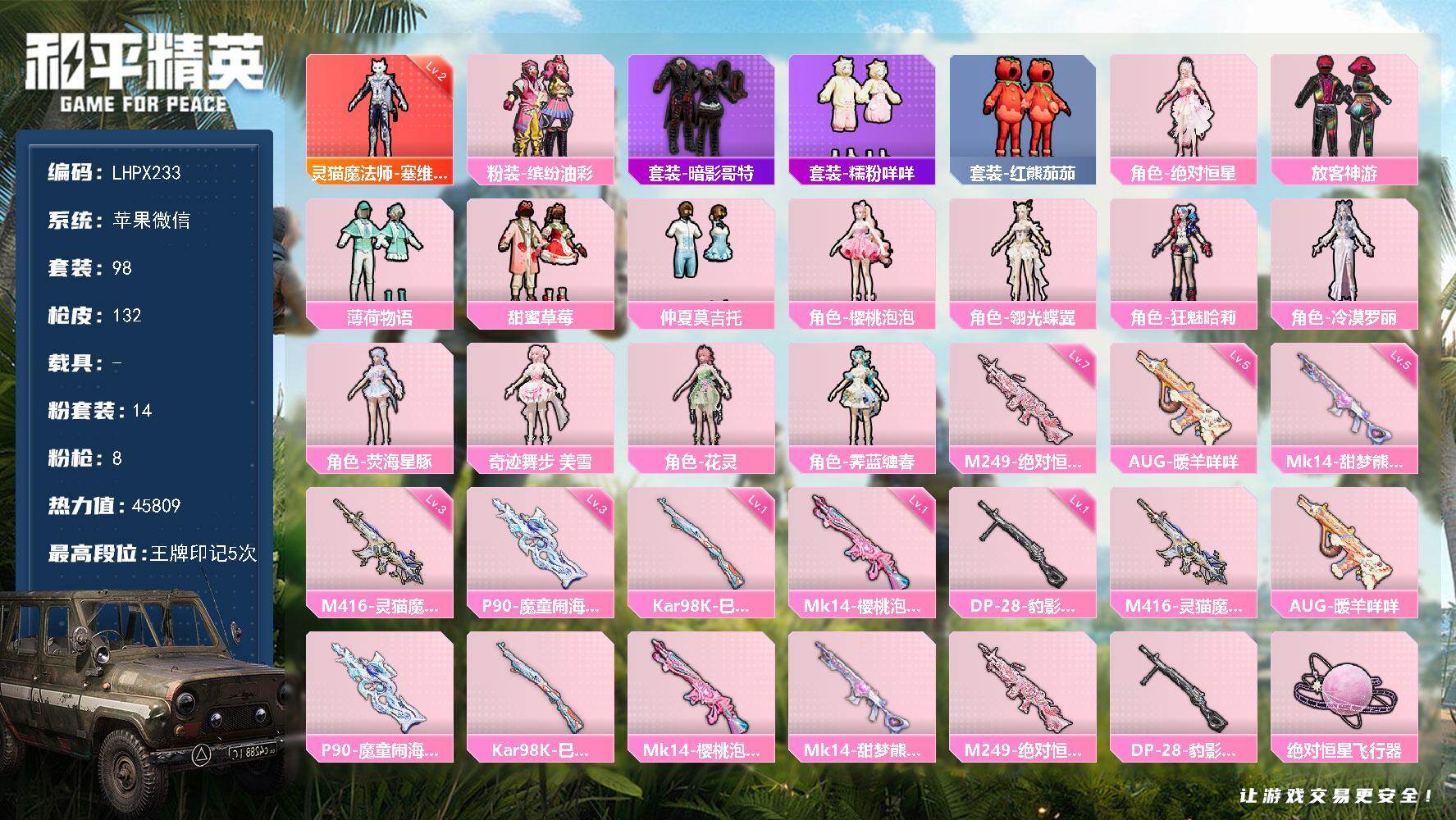 和平精英账号苹果微信【特价出售/店主推荐】苹果 微信-1神装-14粉装-8特效枪-0载具-4粉色飞行器-45809热力值-5王牌印记-98套装-132枪皮
【红色神装等级】：灵猫魔法师-塞维尔(二级)
【红色角色神装】