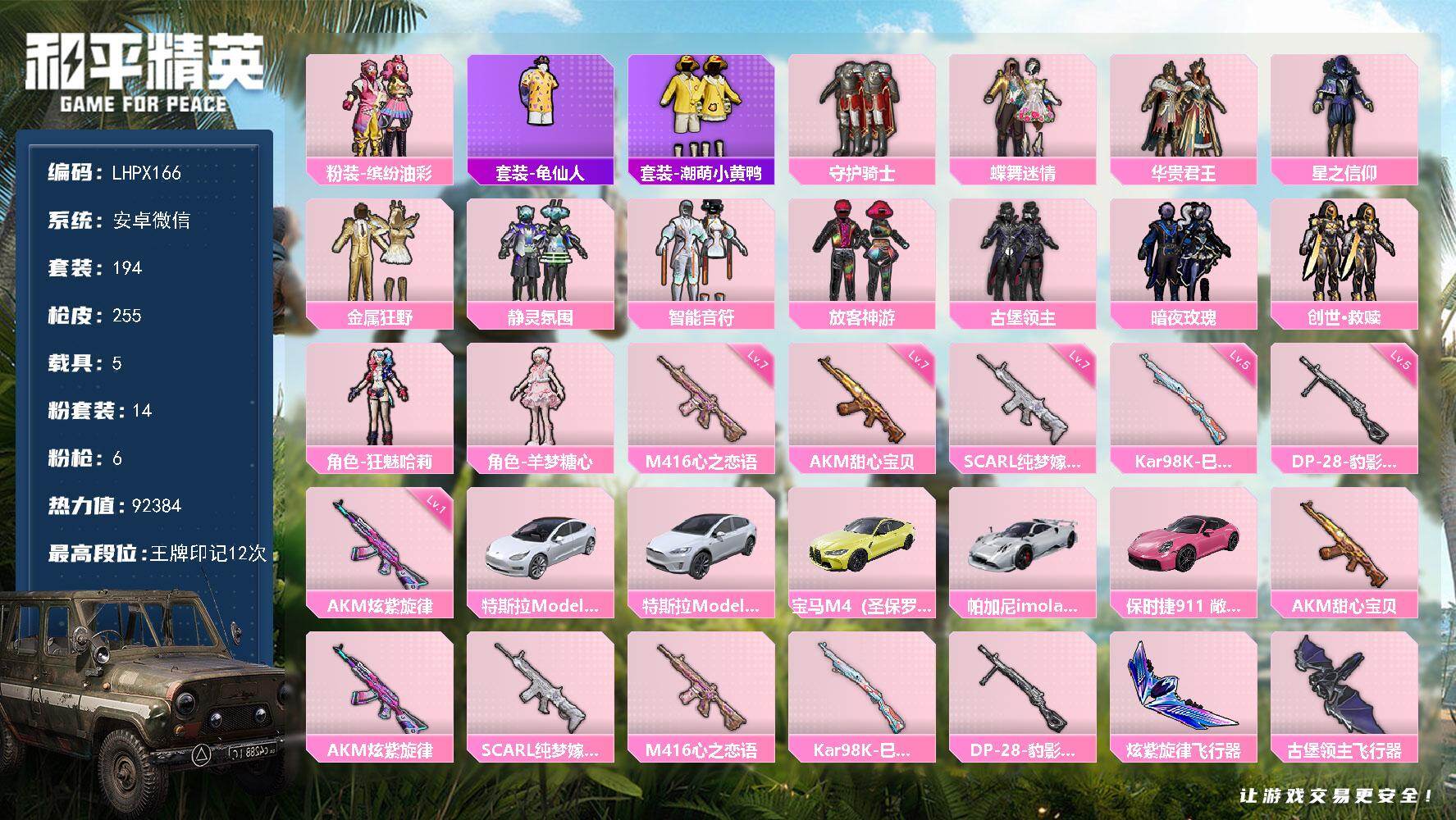 和平精英账号安卓微信5载具-194套装-255枪皮-【特价出售/店主推荐】安卓 微信-14粉装-6特效枪-5载具-5粉色