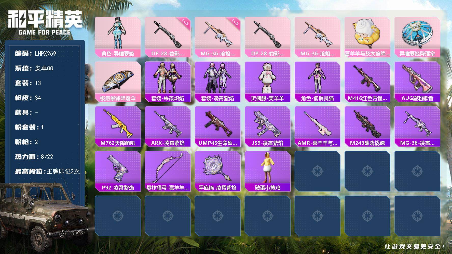 和平精英账号安卓QQ【特价出售/店主推荐】地铁满天赋 安卓 手Q-1粉装-2特效枪-0载具-1粉色飞行器-8q热力值-2王牌印记-13套装-34枪皮【粉色套装】：角色-异瞳寒姬【粉色枪皮等级】：DP-28-豹影疾电(五