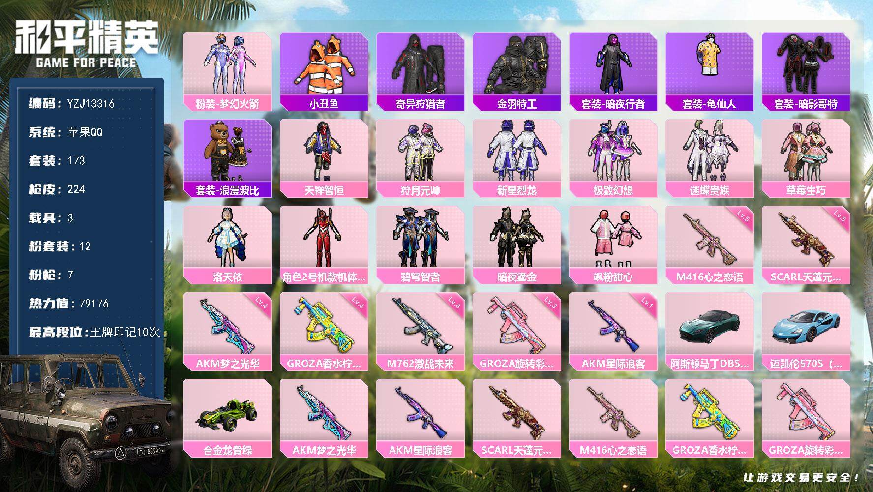 和平精英账号苹果QQYZJ13316  可二次 苹果Q-2稀有3载具12粉装7特效枪23热门173套装224枪皮 791