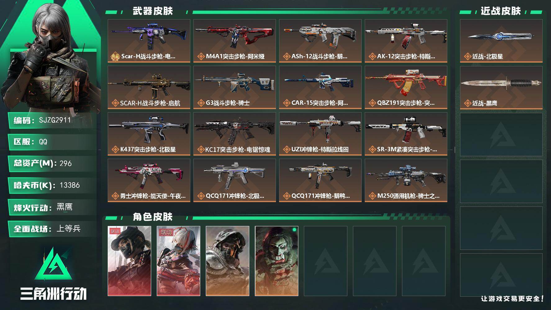 三角洲行动账号QQ【SJZG2911】总资产(M)：296M/哈夫币(K)：13386K/哈夫币(K)：13386K/传说枪皮数：22/全面战场等级：28_段位：上等兵/烽火地带等级：60_段位：黑鹰/露娜-黑·天际