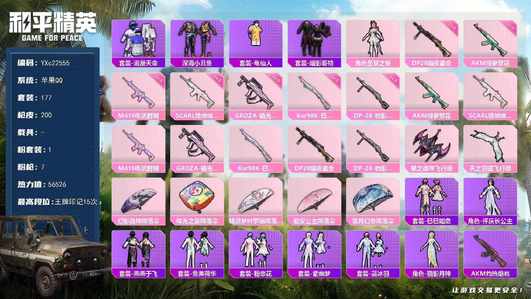 和平精英账号苹果QQ0载具-177套装-200枪皮-【双马尾 哥特 满地铁天赋】YXc22555-【无二次协助处理】【因