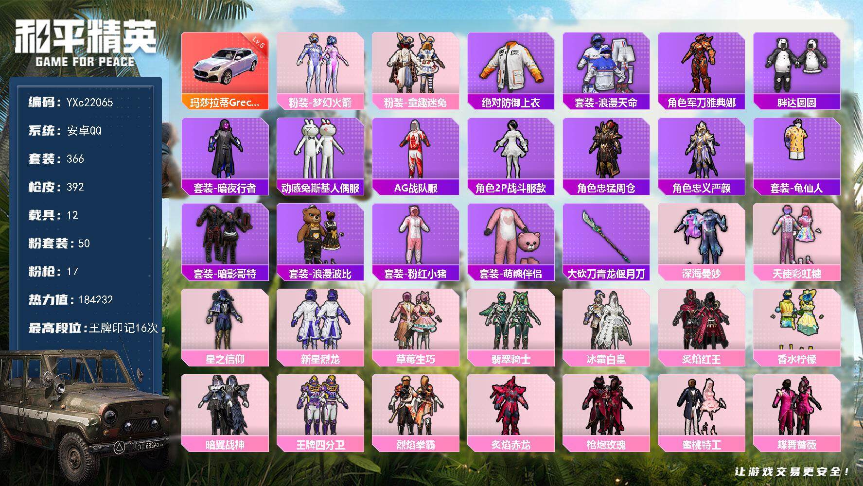 和平精英账号安卓QQ12载具-366套装-392枪皮-【巡查衣 新101 童趣 5级幻星粉玛莎】YXc22065-【可二