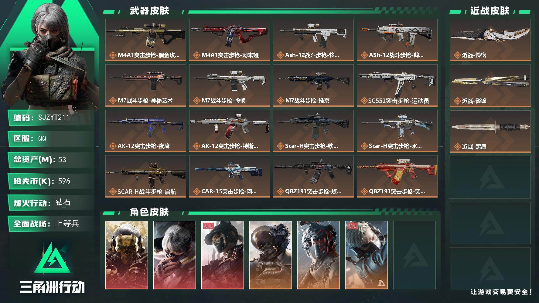 三角洲行动账号QQ【SJZYT211】总资产(M)：53M/哈夫币(K)：596K/哈夫币(K)：596K/传说枪皮数：30/全面战场等级：38_段位：上等兵/烽火地带等级：60_段位：钻石/红狼-蚀金玫瑰/骇爪-水