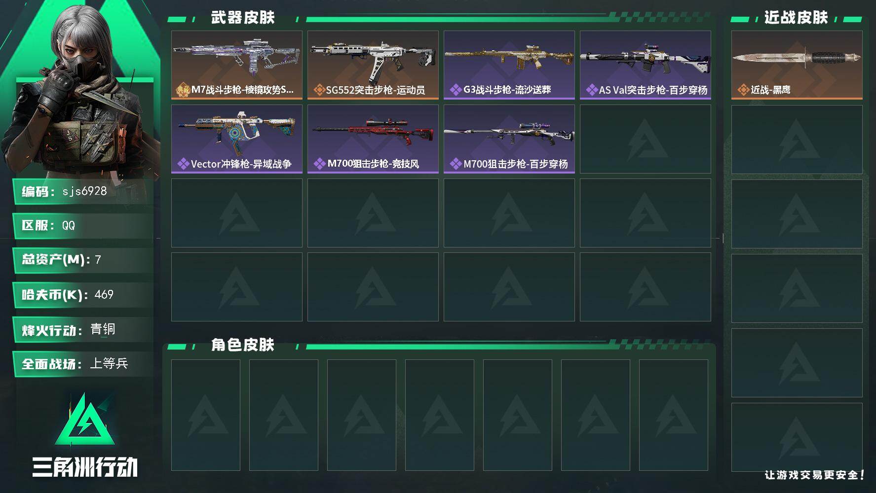 三角洲行动账号QQ【sjs6928】总资产7m 等级37 棱镜s2优品B白m7 烽火地带段位: 青铜 全面战场段位: 