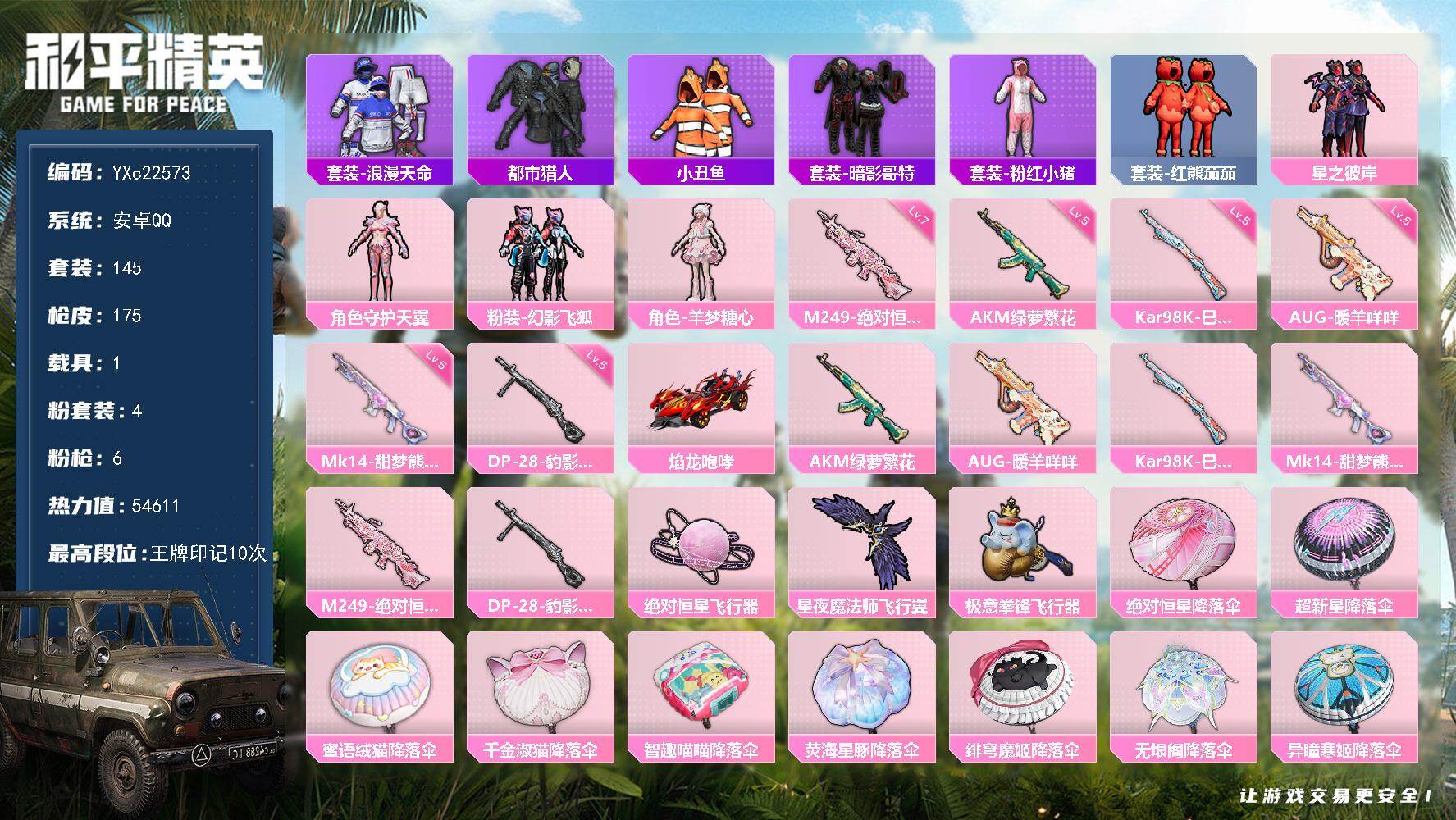 和平精英账号安卓QQ1载具-145套装-175枪皮-【都市 番茄 兔兔 哥特 满地铁天赋】YXc22573-【无二次协助