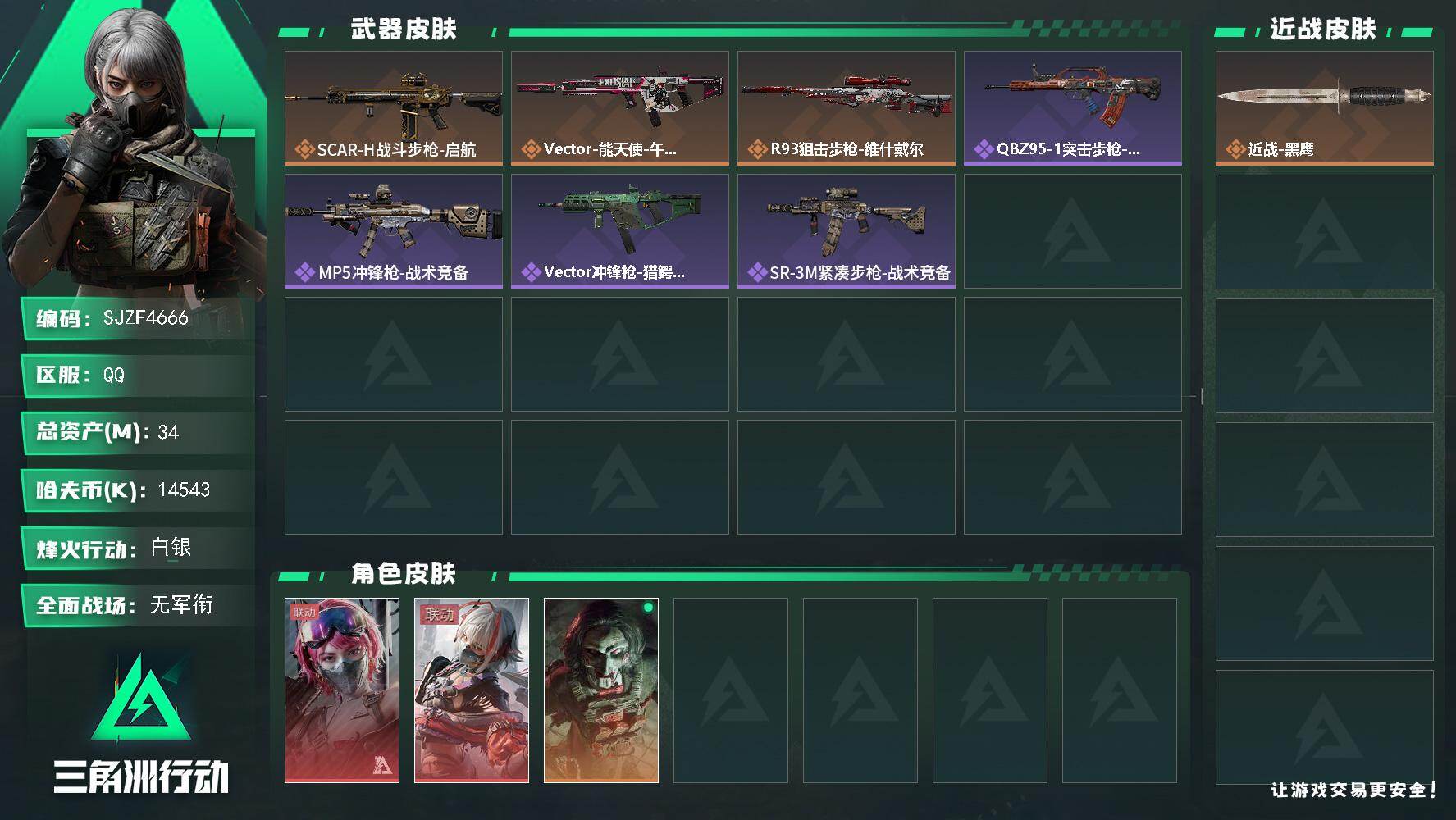 三角洲行动账号QQ【SJZF4666】总资产(M)：34M/哈夫币(K)：14543K/哈夫币(K)：14543K/传