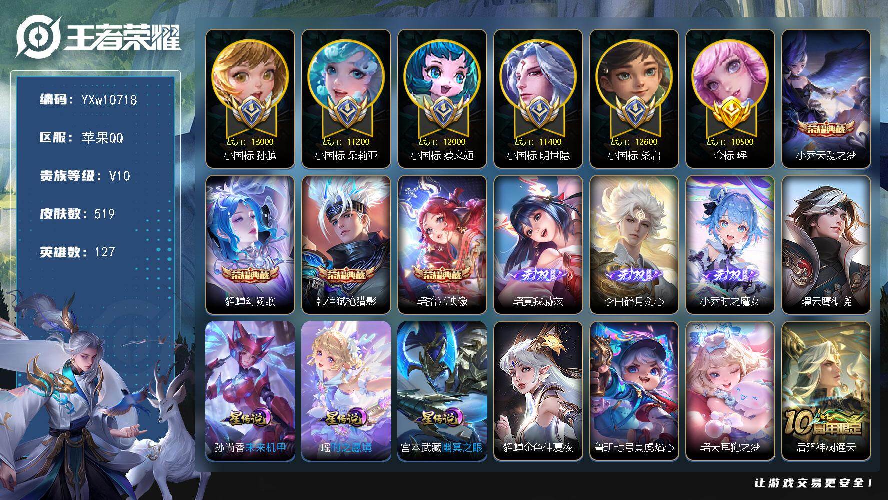 王者荣耀账号苹果QQ127英雄-519皮肤-【极品战力女号·6小国·小国1.3w孙膑·小国1.2w蔡文姬·小国1.2w桑