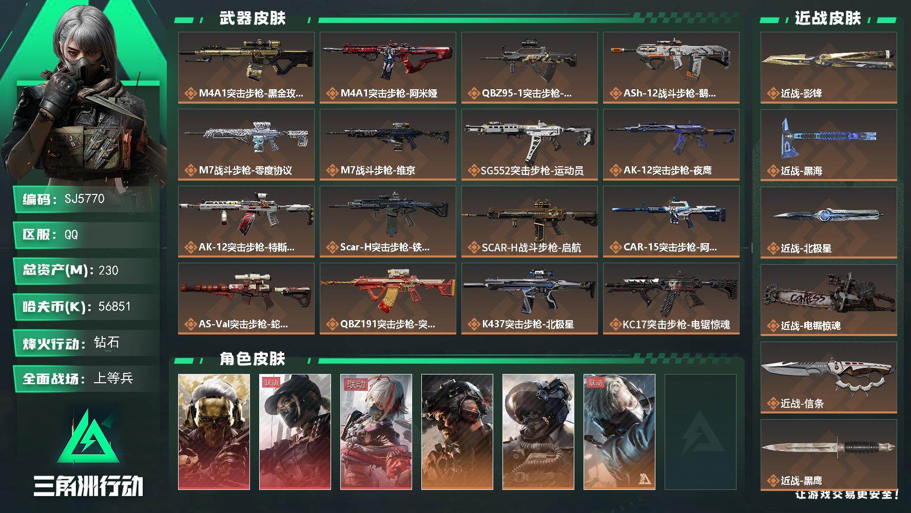 三角洲行动账号QQ【SJ5770】总资产(M)：230M/哈夫币(K)：56851K/哈夫币(K)：56851K/传说