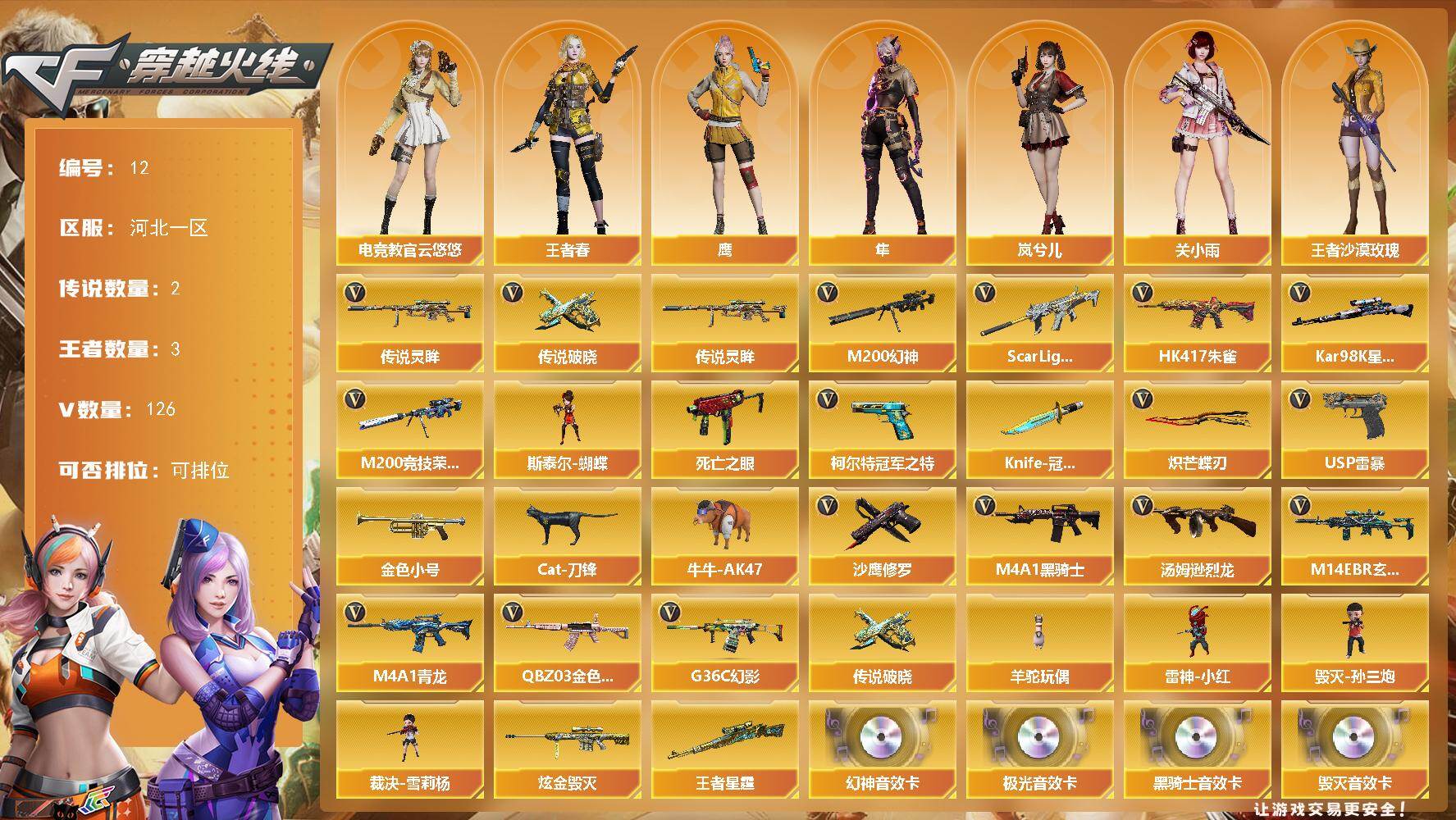 穿越火线账号北部战区河北一区北部河北一区-132V，【段位:荣耀之巅】传说灵眸/传说破晓/M200-幻神/Kar98K-星神/G36C-幻影/ScarLight-白虎/M14EBR-玄武/M4A1-青龙/HK417-朱雀/US